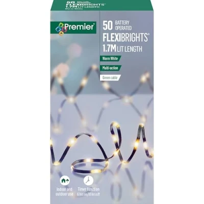 Image of Premier 50 Battery Operated Fairy String Lights Flexibrights 1.7m Lit Length Warm White, Multi Action, Suitable for Indoor &amp; Outdoor Usage