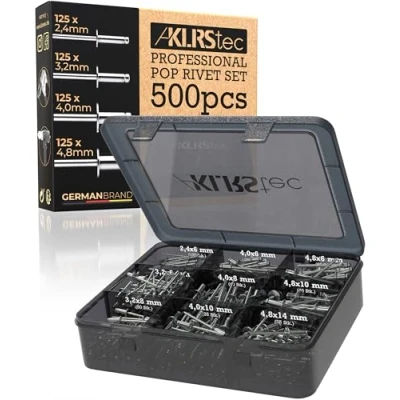 Image of KLRStec Professional Pop Rivets Assortment Kit [500pcs] Aluminum for Rivet Guns 125pcs Each Size (2,4mm, 3,2mm, 4,0mm, 4,8mm)