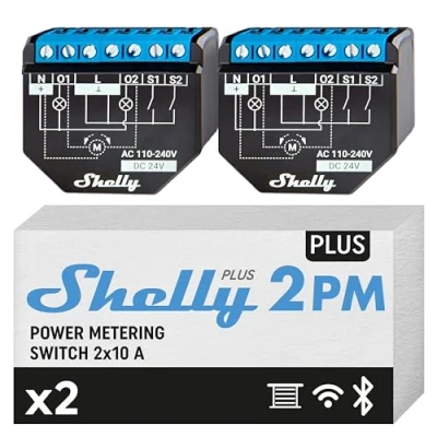 Image of Shelly Plus 2PM (16A) 2 Pack WiFi &amp; Bluetooth Channels Smart Switch with Power Metering Home Automation Roller Shutter Remote Control Alexa Google Compatibility iOS Android App
