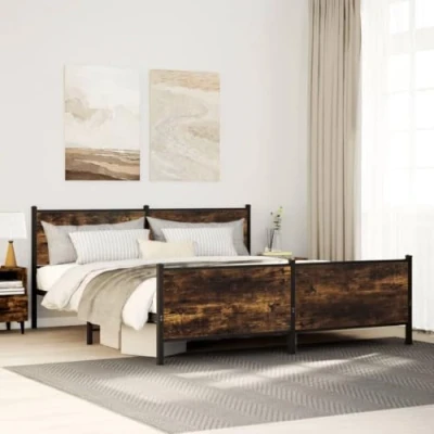 Image of vidaXL Metal Bed Frame with Headboard Super King 180x200 cm Smoked Oak Industrial Style Iron and Engineered Wood Construction Extra Storage Space Slatted Base