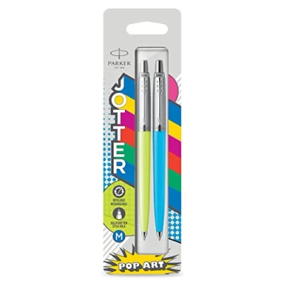 Image of Parker Jotter Originals Ballpoint Pens Pop Art Collection Lime and Sky Blue with Chrome Trims Medium Point Ink 2 Count