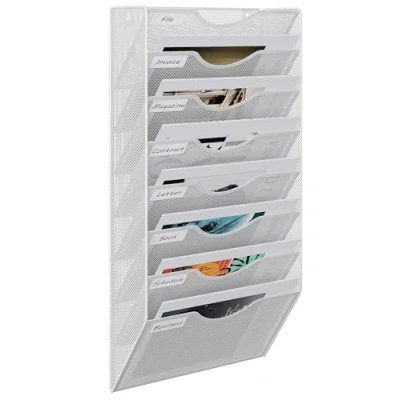 Image of EasyPAG 8 Tier A4 Mesh in Tray Wall Pocket File Holder Mail Organiser Magazine Storage Rack,White