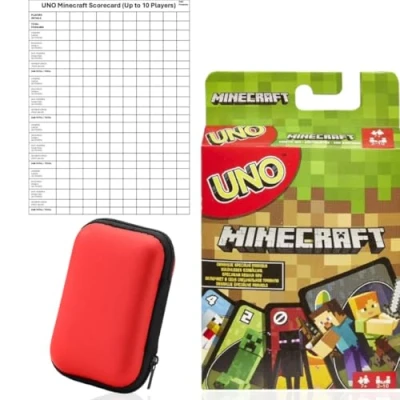 Image of Minecraft Uno Card Game with Travel Case + 4 x Scorecards Playing Cards, Gifts for Boys, Games Kids Mattel