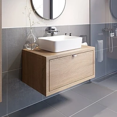 Image of Vitusso® 800mm Bathroom Vanity Unit Countertop Basin Sink Wall Hung Drawer Storage Furniture Oak Wood, Croix White