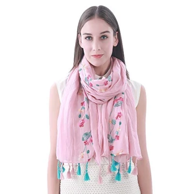 Image of Lina &amp; Lily Embroidered Floral Tassel Scarf Shawl Lightweight (Dusty Pink)(Size: 180cm x 90cm)