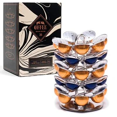 Image of Peak Coffee 35 Pod Revolving Capsule Holder Stand for Nespresso Vertuo Vertuoline Pods Tree Style Design with Chrome Finish