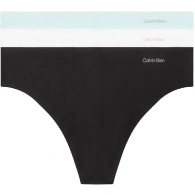 Image of Calvin Klein Women Pack of 3 Thong Invisibles Cotton Seamless, Multicolor (Black/White/Island Reef), S