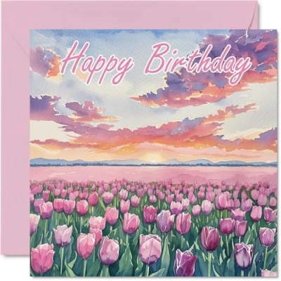 Image of Birthday Cards for Women Men Watercolour Tulips Happy Card Mum Dad Brother Sister Uncle Auntie Cousin Grandad Nanny Friend 145mm x Bday Greeting