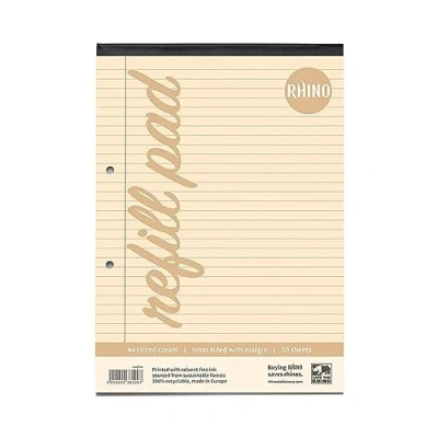 Image of RHINO A4 Refill Pad, Writing 100 Page / 8mm Lined with Margin, 1 Pack, Cream Paper for Dyslexia &amp; SEN, Office School Stationery Supplies