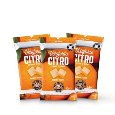 Image of Veloforte Citro Natural Energy Chews Citrus &amp; Zingy Ginger Flavour, Fast Releasing Energy, 100% Delicious, Natural, Vegan Gluten Free (3 pack)