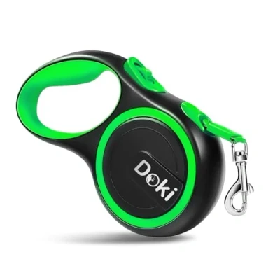Image of DOKI Retractable Dog Lead, 5m/16FT Reflective Strong Nylon Tape Ribbon Leash, One Button Brake&amp;Lock Extendable Lead for Small Medium Dogs (Green)