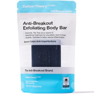 Image of Carbon Theory Body Scrub Exfoliator Bar Activated Charcoal Soap Bar, Tea Tree Wash Acne Treatment, Shea Butter, and Back 100g
