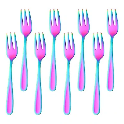 Image of BISDARUN Dessert Forks Stainless Steel Cake Fork 13.6CM(5.4 Inch) Fruit 8 piece Rainbow Set Mirror Polish