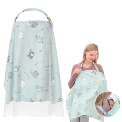 Image of Breastfeeding Cover, Breast Feeding Cover for Mum, Nursing with Two Layers of Fabric, Covers Protection,Breastfeeding Up Stroller (Blue Elephant Pattern)