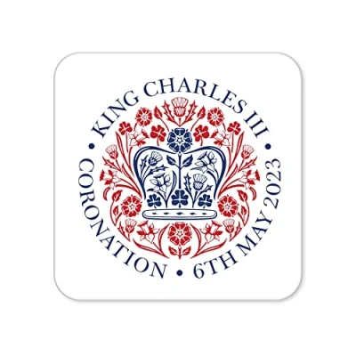 Image of Kings Coronation 2023 Official Emblem Square Coasters King Charles III Commemorative Souvenir Gift His Majesty The Royal Memorabilia Gifts