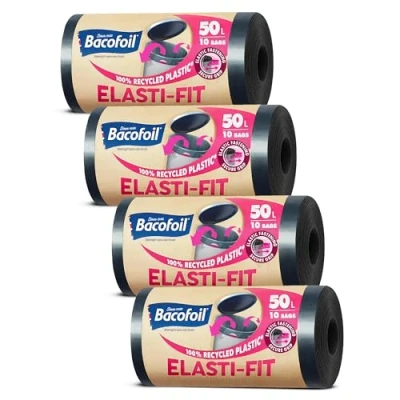 Image of Bacofoil Elasti Fit bin Liners 50L Recycled bags, 4 Rolls (40 Bags) Leak Proof, Elastic Fastening for Secure Made from 100% Plastic Eco Friendly Waste Disposal.