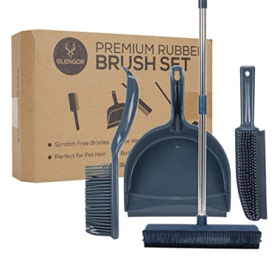 Image of Glengor Premium Rubber Broom &amp; Dustpan Set 4 Piece and Brush Long Pet Hair Built in Squeegee Hand Great for Carpets, Kitchen Floors, General Sweeping, Rake