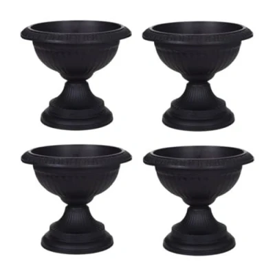 Image of Round Grecian Classical URN Patio Pots 42 CM Flower Planter Outdoor Or Indoor Plant Plastic Base Home Office Garden Wedding Porch Front Door Set Of 4 (BLACK)
