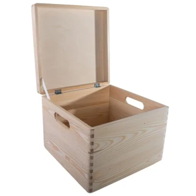 Image of WooDeeDoo Square Deep Wooden Storage Box with Hinged Lid &amp; Cut out Handles 30 x 24 cm Memorabilia Keepsake Trinket Toy Chest Plain Pine For Craft