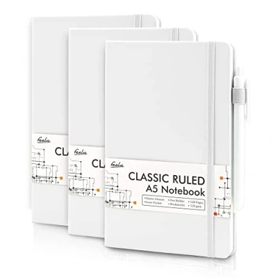 Image of feela A5 Notebooks Multipack, 3 Pack Ruled Lined Notepads (120 GSM), Hardback Journal Notebook with Black Gel Pens for Work, Study, Journaling, Note Taking, 128 Pages/Pack, 21 x 13 cm, White