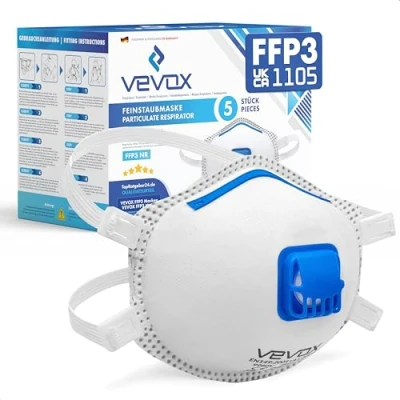 Image of VEVOX® Respirators FFP3, FFP2 or FFP1 sets of 5, 10, 20 5000 with comfort sealing respirator face mask ffp3/ffp2/ffp1 valved facemasks dust valve