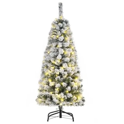 Image of HOMCOM 4FT Prelit Artificial Snow Flocked Christmas Tree with Warm White LED Light, Holiday Home Xmas Decoration, Green