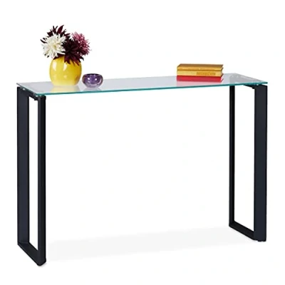 Image of Relaxdays console table with glass tabletop, hallway sideboard, 110x35x75 cm (LxWxH), narrow side unit, metal, black, Steel