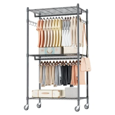 Image of 3 tier Double Rod Garment Rack/Clothes Rail with Height Adjustable Shelves,Clothes Rack 2 Hooks, Clothes Rails Wheels, 60 * 42 205cm, Black