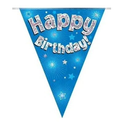 Image of Party Bunting Happy Birthday Blue Holographic 11 flags 3.9m