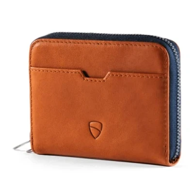 Image of Vaultskin Mayfair Minimalist Leather Zipper Wallet. Small RFID Blocking Multi Card Holder with Coin Compartment (Cognac)