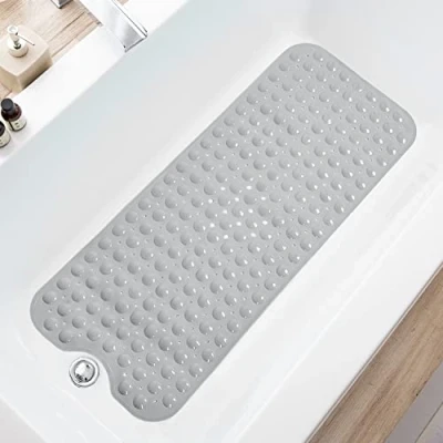 Image of TEESHLY Bathtub Mats for Shower Tub Extra Long Non Slip Bath Mat, Mat with Drain Holes and Suction Cups, Bathroom Machine Washable (Grey)