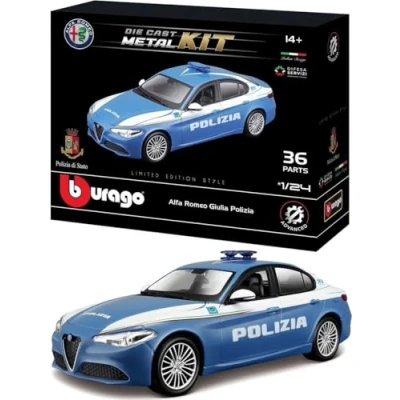 Image of BBurago Giulia Polizia Model Kit Realistic Car in 1:24 Scale, Official License Police and Alfa Romeo, Recommended Age 14+ Years