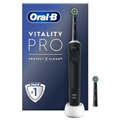Image of Oral B Vitality Pro Electric Toothbrushes For Adults, Him / Her, 1 Handle, 2 Toothbrush Heads, 3 Brushing Modes Including Sensitive Plus, Pin UK Plug, Black (Packing May Vary)