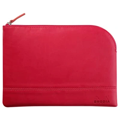 Image of RHODIA 116643C Faux Leather Zipped Pouch Raspberry Size M (16x22 cm) Real Stitching Orange Fabric Interior Storage for Documents, Small Supplies