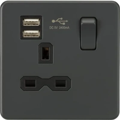 Image of KnightsBridge Screwless 13A 1G switched socket with dual USB charger (2.4A) Anthracite