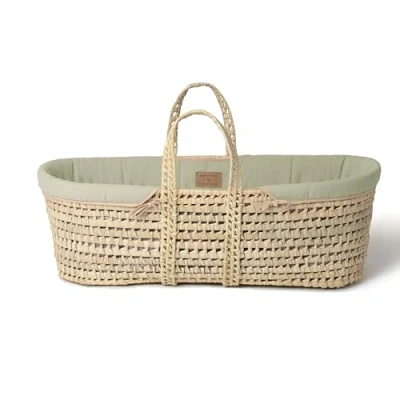 Image of Clair de Lune Organic Palm Moses Basket, Gold Award Winner, Comes With Dressing, Natural Bamboo Mattress And Soft Sheet 75 x 28 cm (Sage Green)