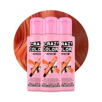 Image of Crazy Color Vibrant Coral Red Semi Permanent Trio Hair Dye. Highly Pigmented Copper Conditioning &amp; Oil Nourishing Vegan Formula No Bleach or Ammonia 300ml