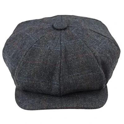 Image of TruClothing Mens 8 Panel Razor Baker Boy Hat Wool Tweed Blinders Newsboy Flat Cap Blue Check Charcoal Grey XL