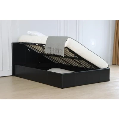 Image of Modernique Side Opening Ottoman Storage Bed Frame, Black Faux Leather, Wooden Slatted Base (King)