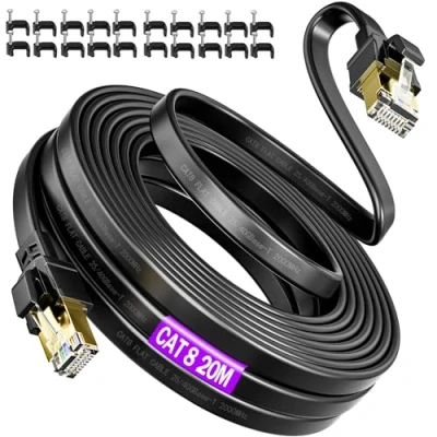 Image of Cat 8 Ethernet Cable 20m, Internet 40Gbps 2000MHz Network 20 Meter Shielded Flat High Speed LAN Indoor RJ45 Gigabit Long Black Patch for Modem Router