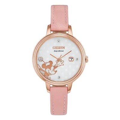 Image of Disney Women&#039;s Analog Eco Drive Watch with Leather Strap EW2448 01W