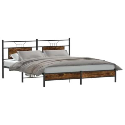 Image of vidaXL smoked oak wooden bed frame engineered wood/steel 183x203 cm sturdy construction with storage space modern double headboard for bedroom living