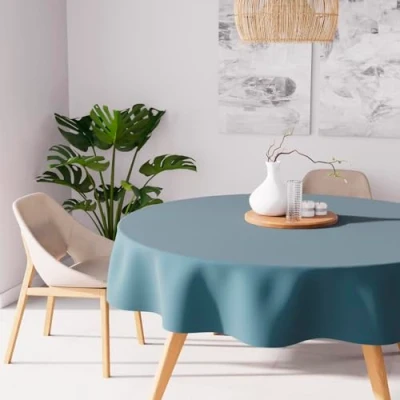 Image of Soleil d&#039;ocre, Alix Round Stain Resistant Tablecloth, Polyester, Celadon Blue, Diameter 180 cm