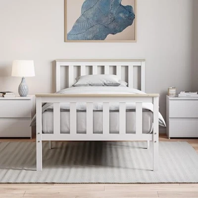 Image of Vida Designs Milan Single Bed, 3ft, Bed Frame, Solid Pine Wood, Headboard, High Foot End Bedroom Furniture, White &amp;