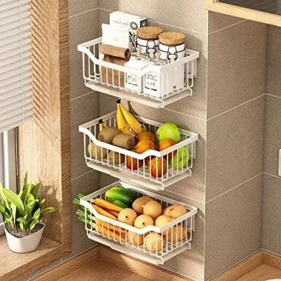 Image of Wall Mounted fruit and vegetable Rack, Basket 3 Tier Countertop Metal Rack Stand Keeps Fresh, Wire Storage Baskets, Black/white
