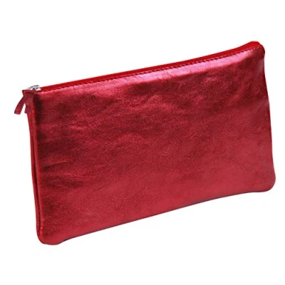 Image of Clairefontaine Ref 8714C Cuirisé&#039; Leather Flat Pencil Case 22 x 11cm, Made From Genuine Lambskin Leather, Metal Zip With Puller Red Colour