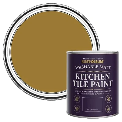 Image of Rust Oleum Yellow Water Resistant Kitchen Tile Paint in Matt Finish Wet Harvest 750ml