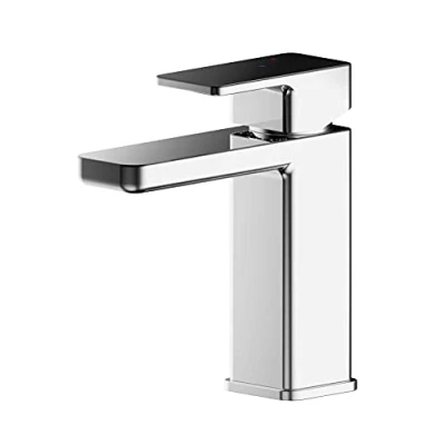 Image of nuie WIN305EC Windon Modern Bathroom Eco Water and Energy Saving Square Mono Basin Mixer Tap with Lever Handle Push Button Waste, 160mm, Chrome