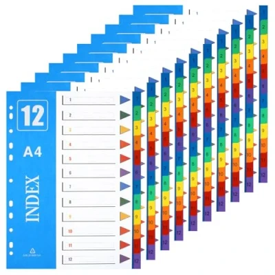 Image of XHDA 1 12 Part Dividers A4, 10Pack Plastic A4 File for Ring Binders, Folder Lever Arch Files