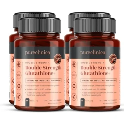 Image of Double Strength glutathione 1000mg x 240 tablets (60 per bottle, 4 bottles). With 500mg Glutathione, 300mg ALA, and 200mg Vitamin C tablet. 200% stronger than regular tablets. SKU: GLU3x4